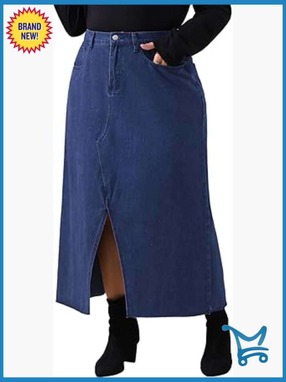 Plus Size Vintage Denim Maxi Skirt Raw Hem High Waist Front Slit Long Jean Skirt
